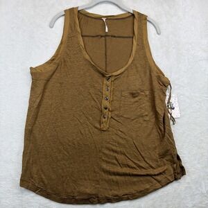 Free People Linen Blend Henley Tank Top Women's S Brown Boho Raw Hem NWT